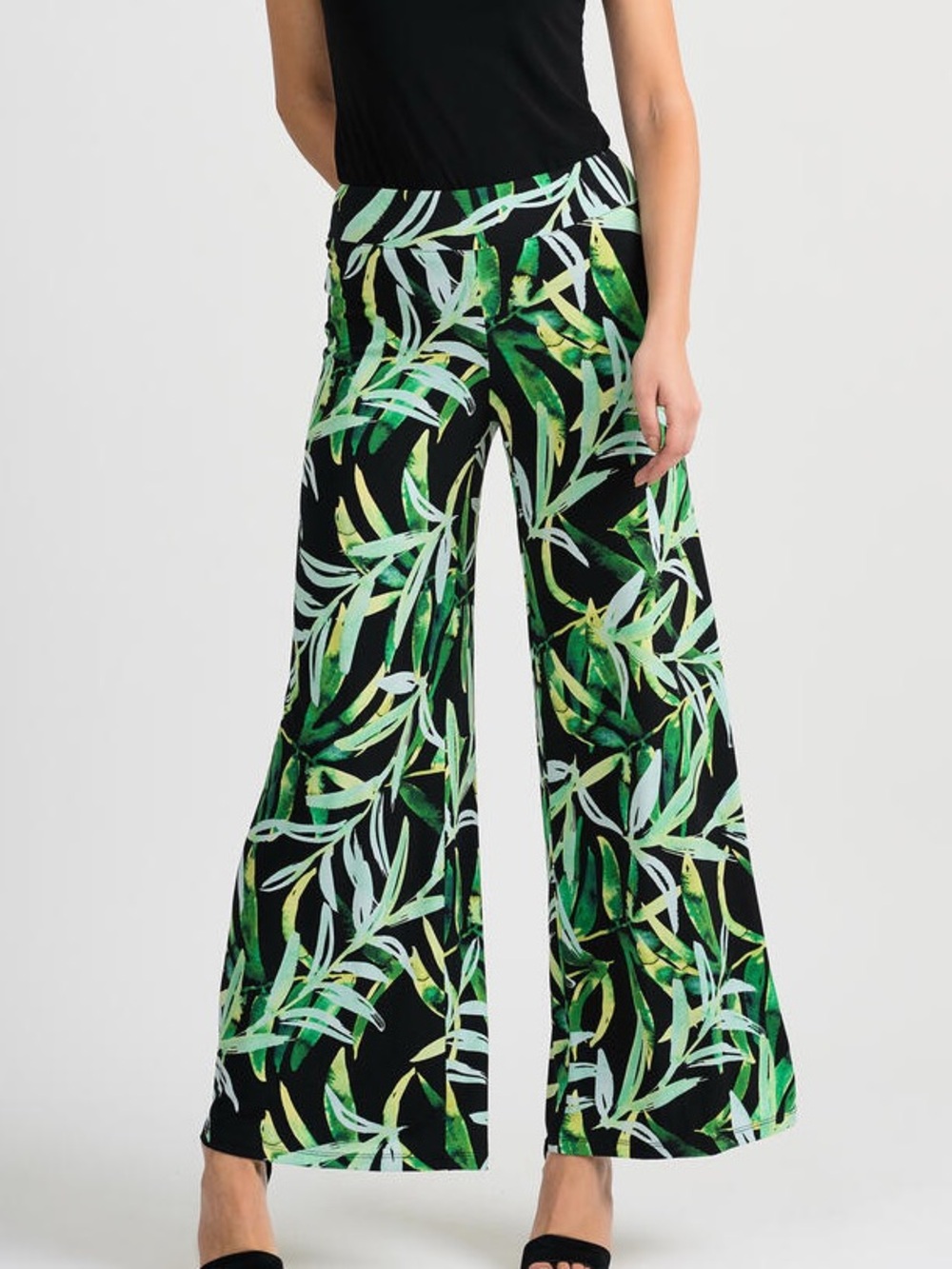 Joseph Ribkoff Black & Green Tropical Leaf Print Wide Leg Palazzo Pants